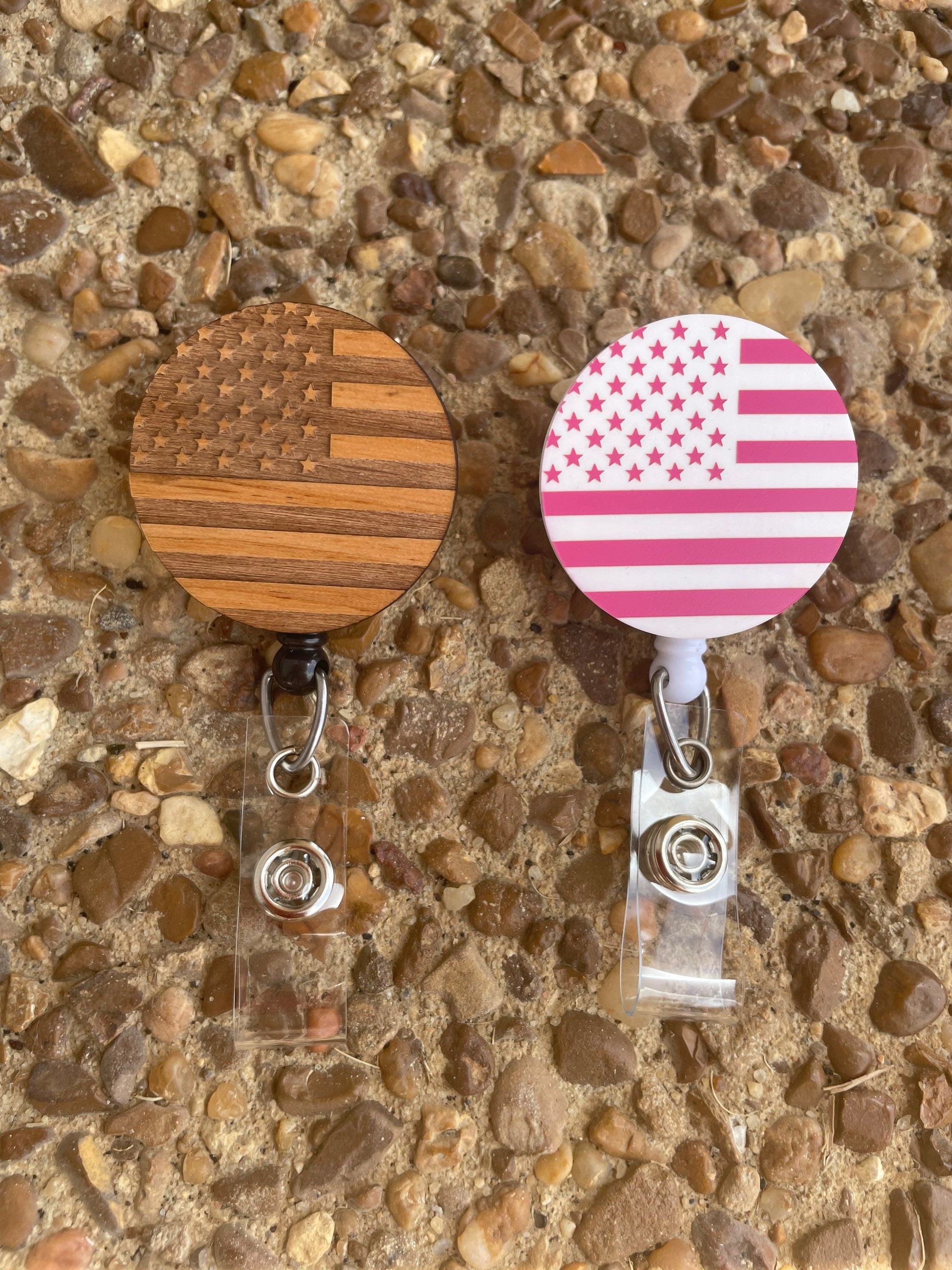 American Flag, USA Wood Engraved Badge Reel/Holder – Badge