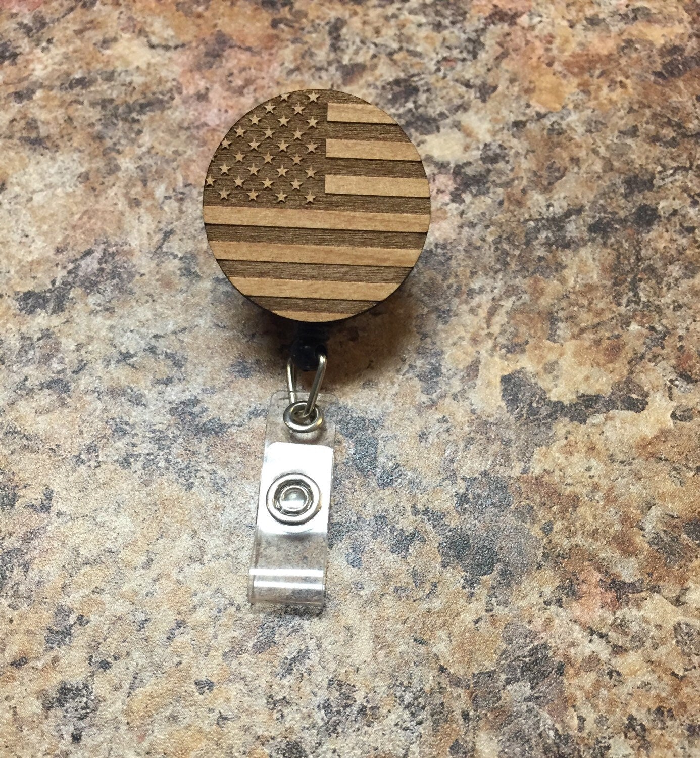 American Flag, USA Wood Engraved Badge Reel/Holder Wood